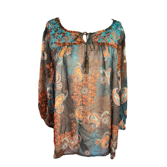 Dress Barn Vintage Boho Style Bouse Brown Paisley Design Women Size Large - Picture 1 of 7